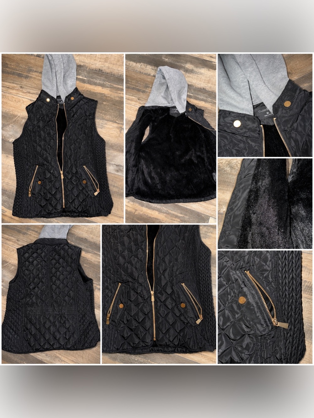 Outer Edge Black Quilted Hooded Vest with Gold Hardware